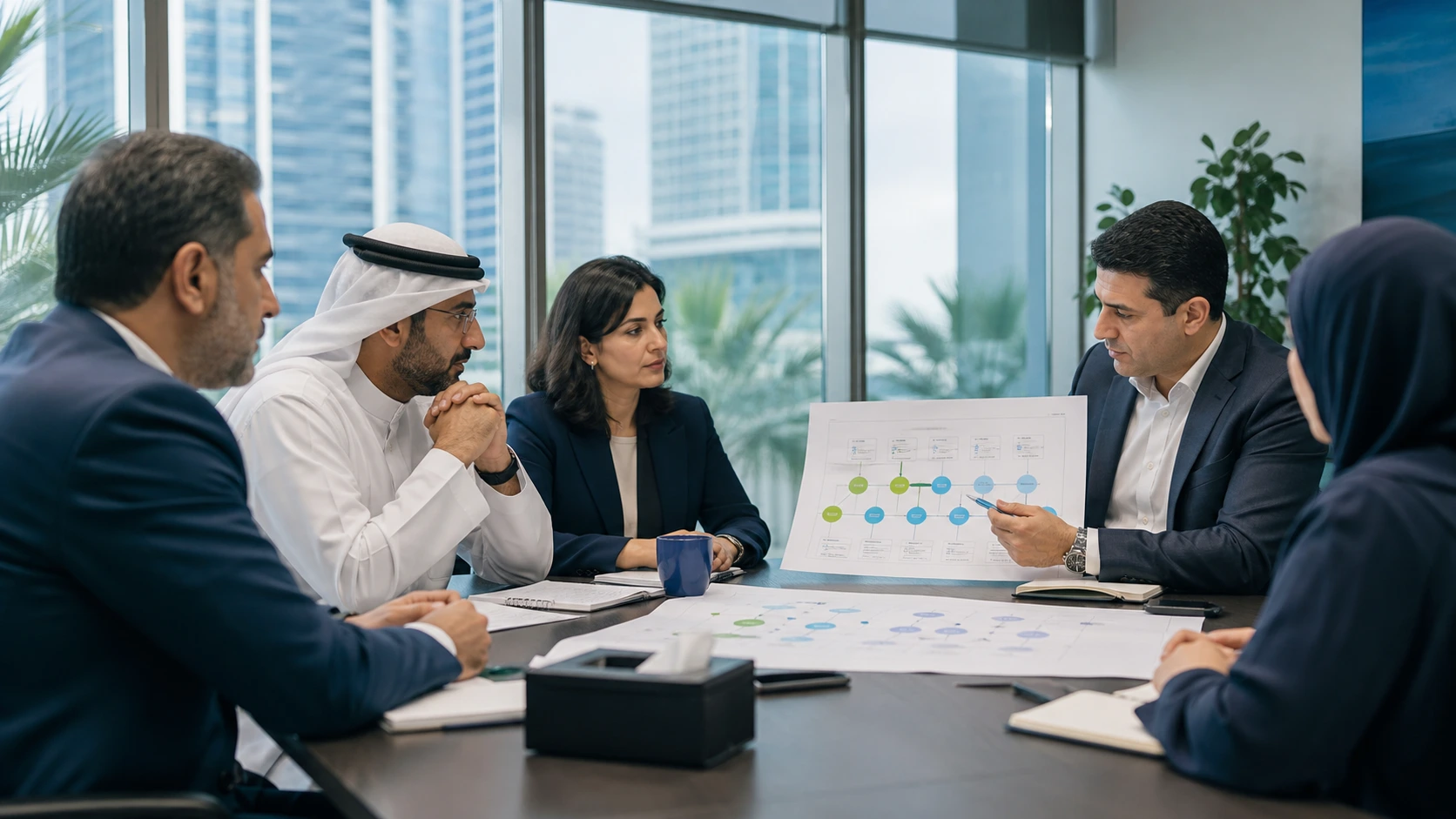 buyer decision journey hero image with executives reviewing a B2B decision path