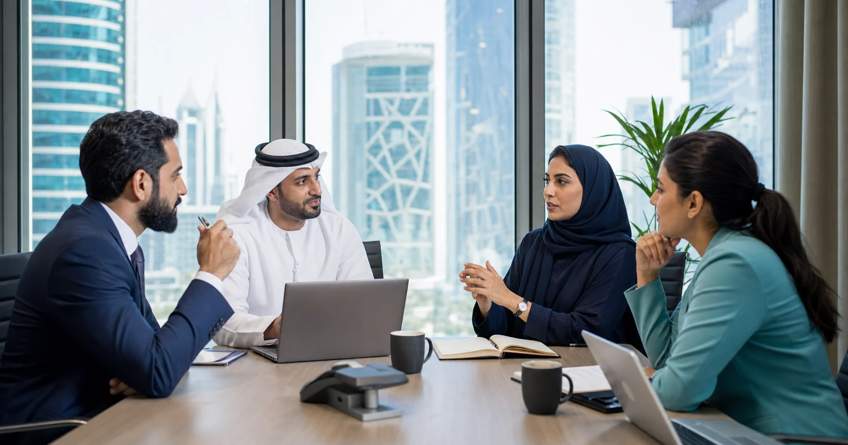 entity SEO hero image showing a MENA executive team discussing AI search strategy in a GCC boardroom