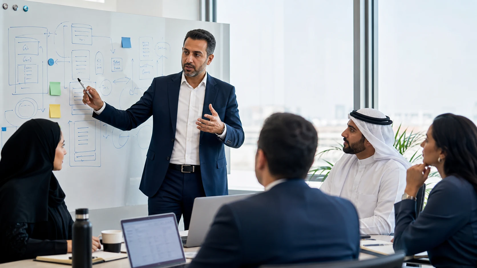 entity SEO inline image showing a strategist leading a whiteboard workshop on structured authority signals