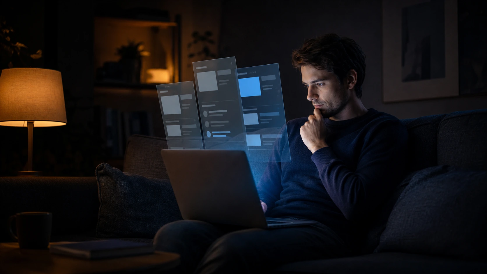 Buyer researching a company privately at night, forming a decision before making contact