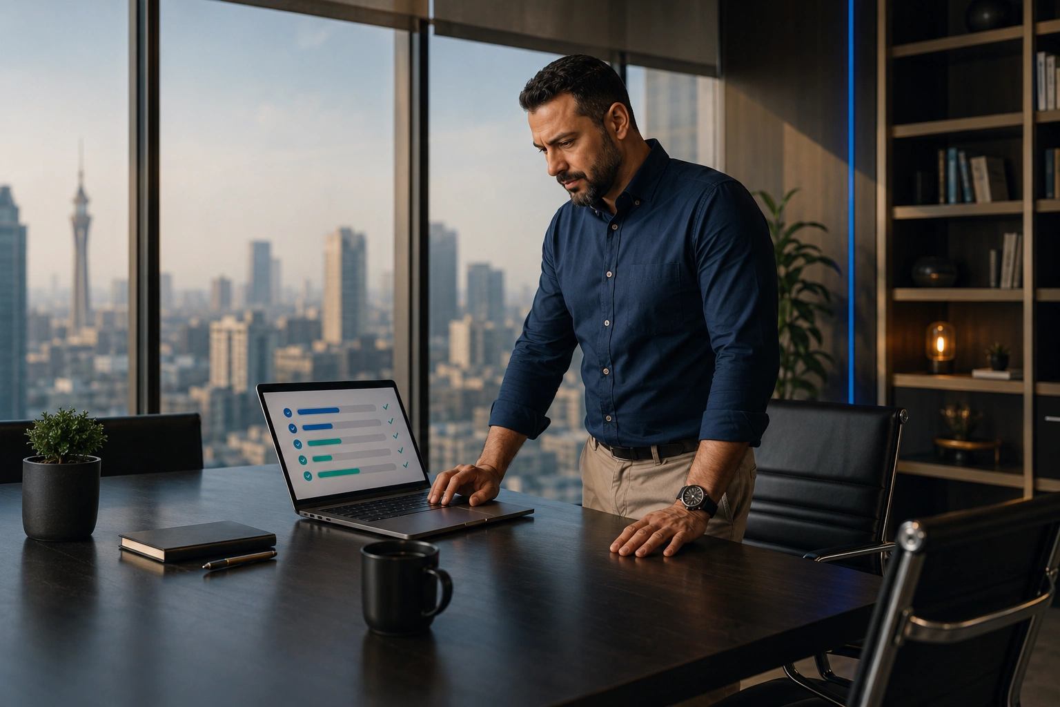 Commercial Growth System hero image showing a MENA business owner reviewing a revenue-ranked growth dashboard