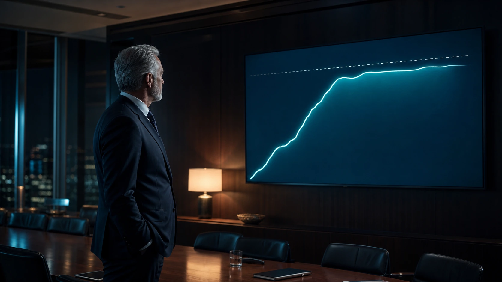 Managing partner reviewing a law firm growth chart that flattens after years of referral-only business development