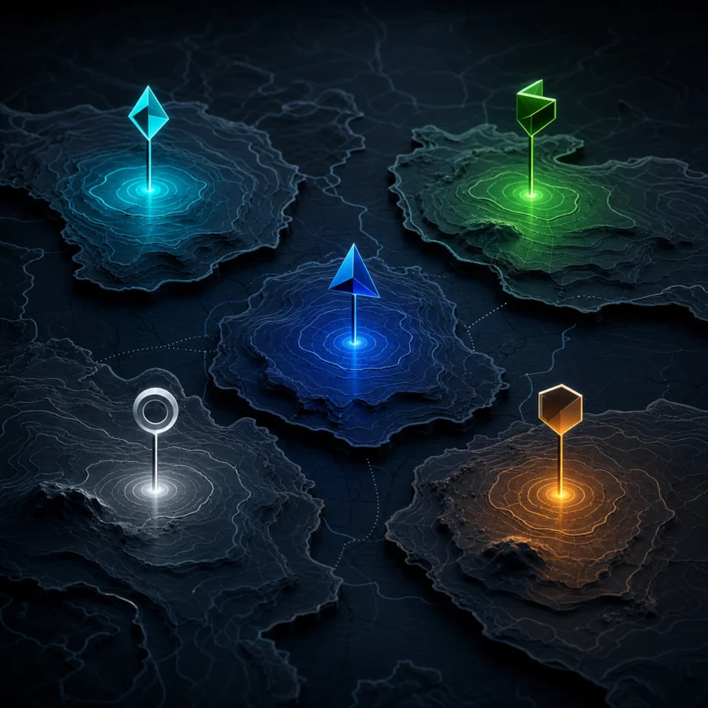 Five terrain markers representing the competitive ground a B2B company must secure before it competes