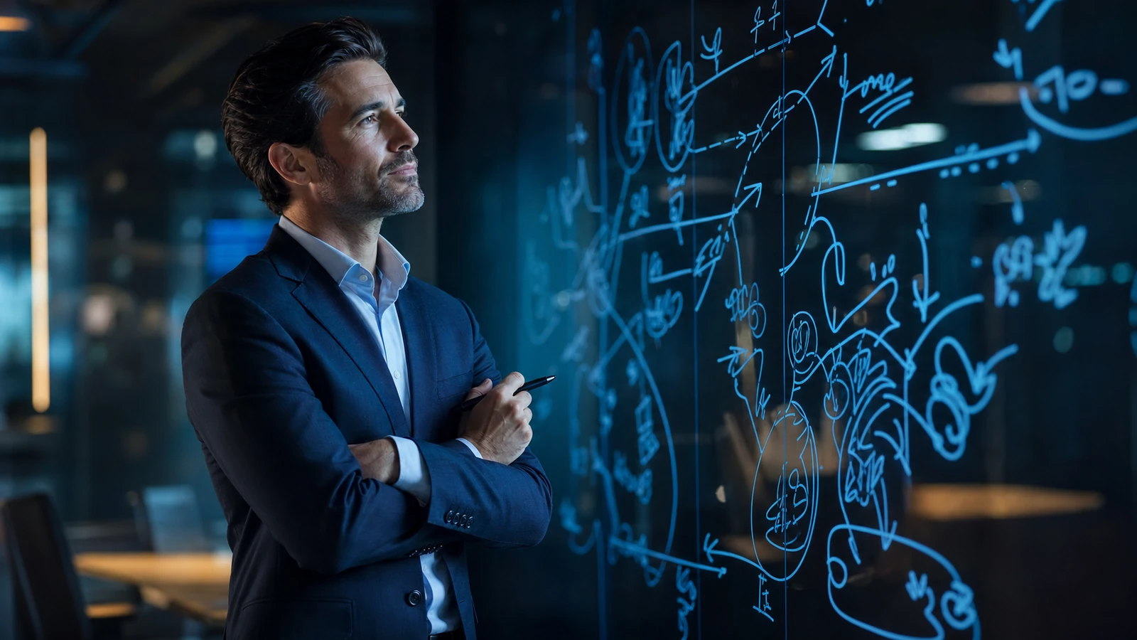 Executive mapping strategic market positioning on a war-room style whiteboard before a B2B sales call