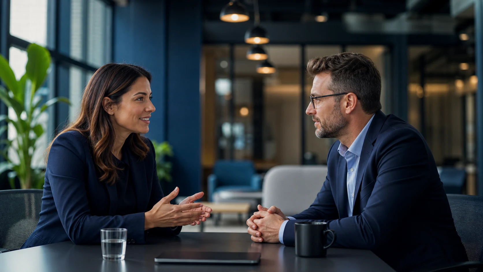 Two B2B professionals in an honest conversation illustrating ethical persuasion instead of manipulation