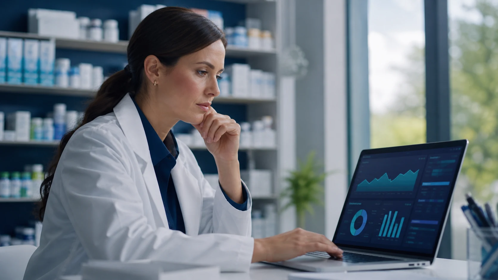 MedTech SEO research dashboard reviewed by a pharmacy marketing lead on a laptop