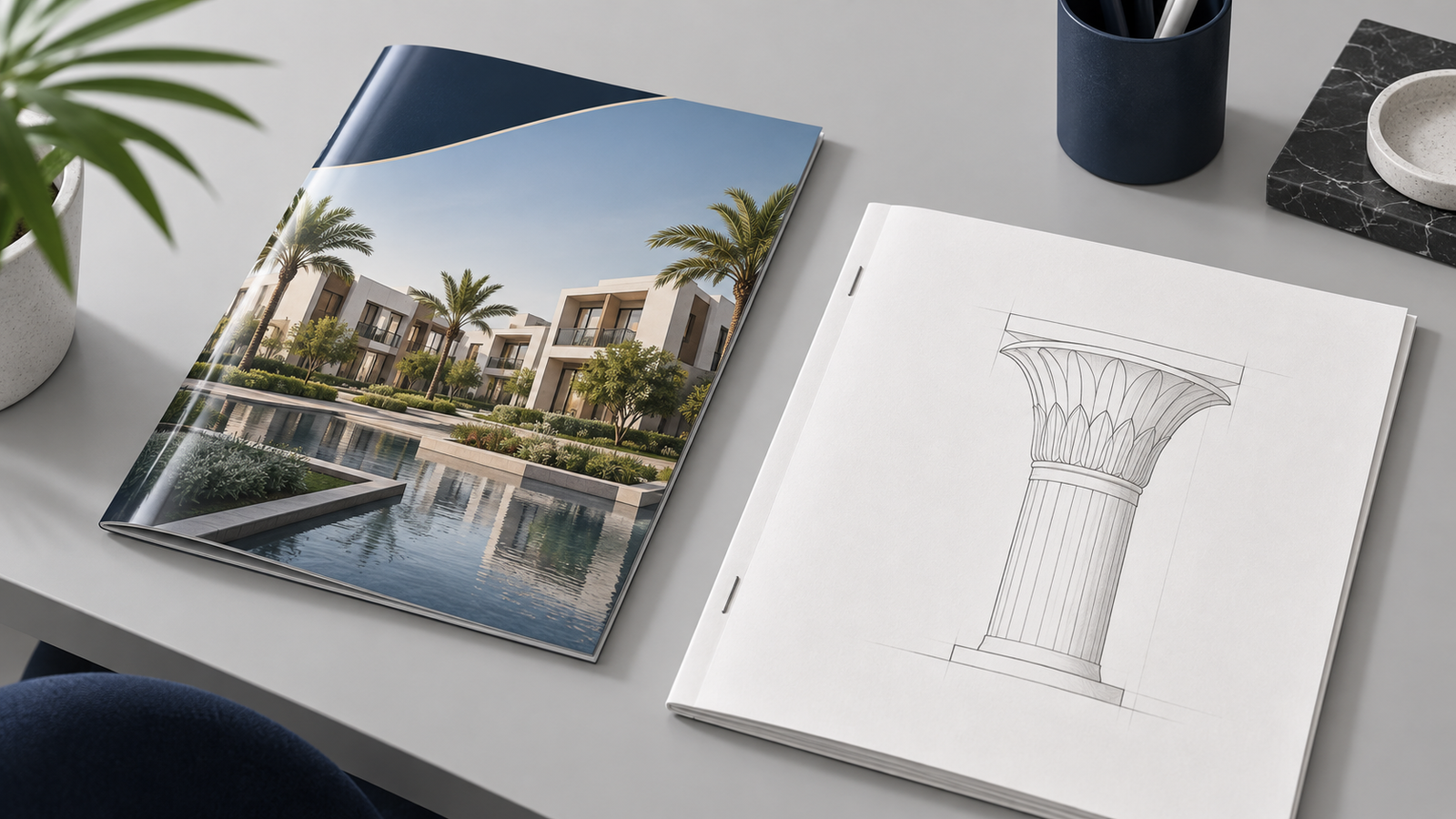 Feasibility study for real estate in Egypt: a printed study and a glossy property brochure on one desk