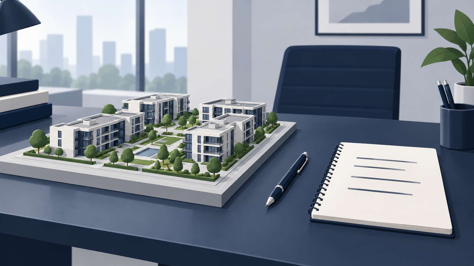 What the buyer verifies before booking a unit: a notebook page with four feasibility questions - delivery, area, payments, registration