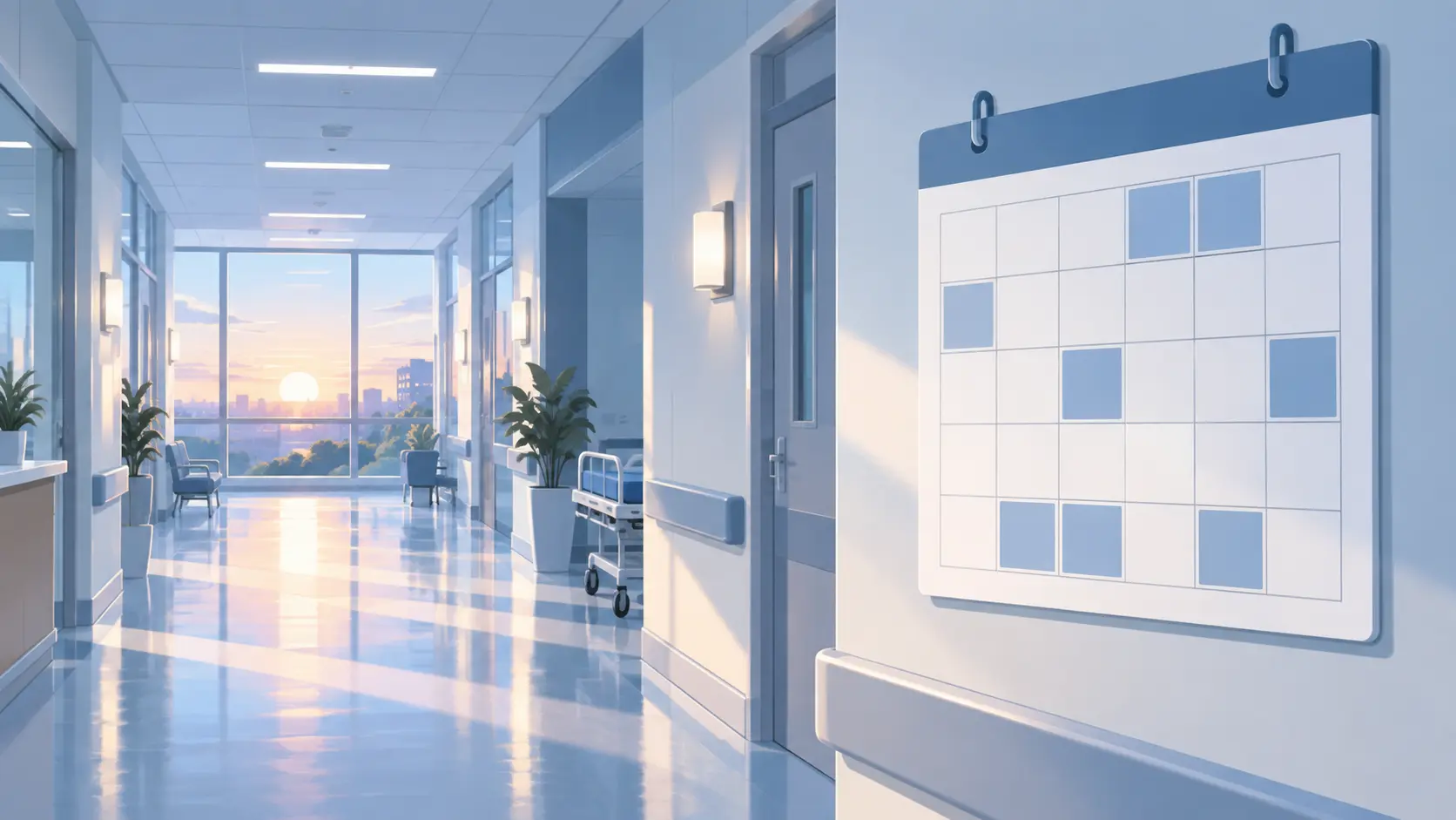EHR implementation cost shown as eight shaded weeks on a hospital corridor calendar