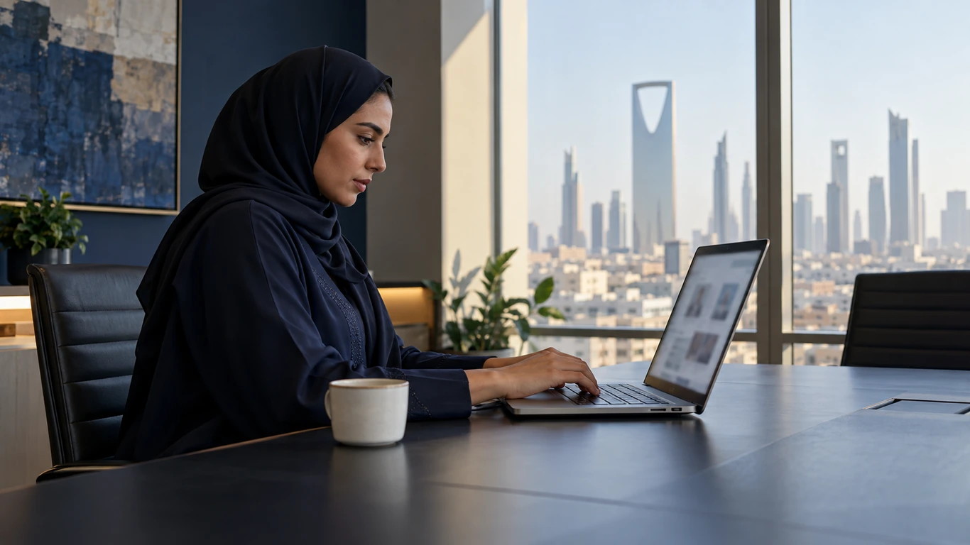 Buyer in a Gulf office researching suppliers on a laptop before calling anyone
