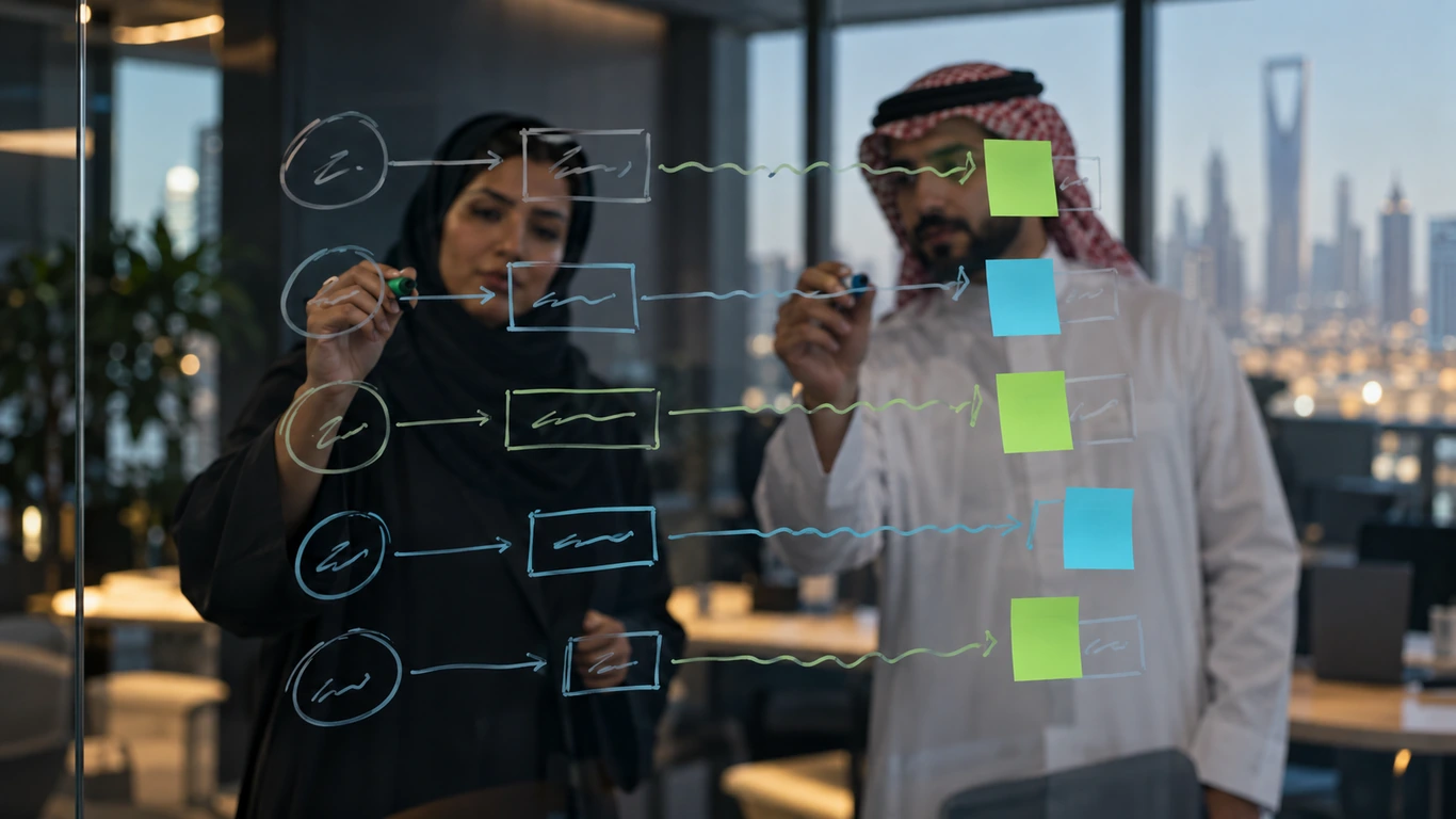 B2B team writing five market hypotheses on a glass wall
