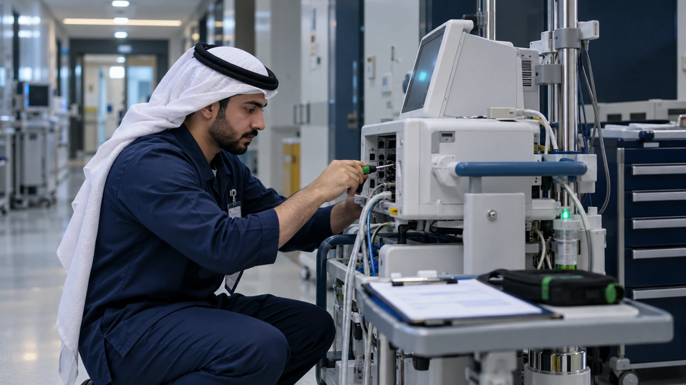 Biomedical engineer checking a medical device in a Gulf hospital