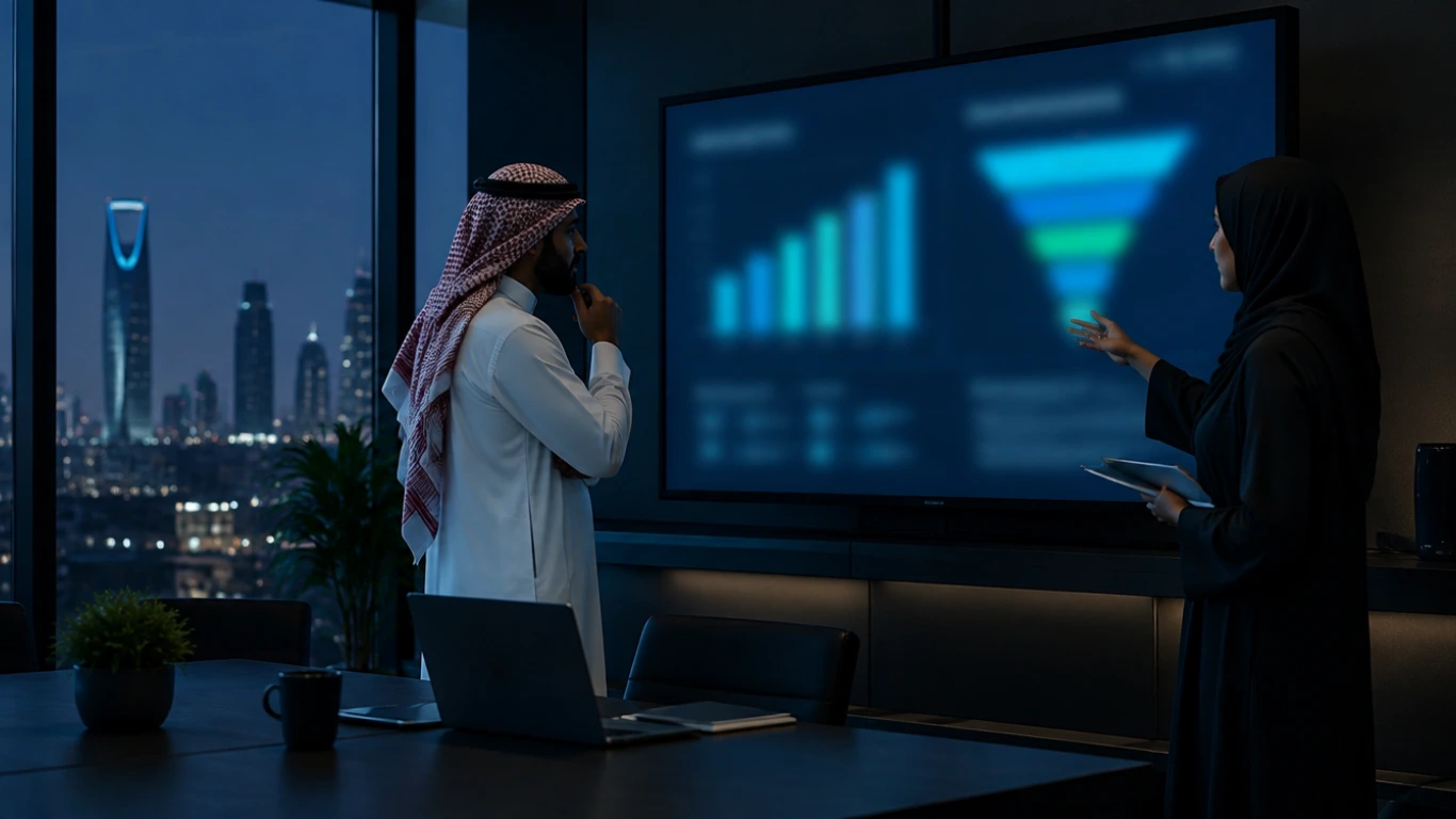 قياس نتائج السيو: مدير تجاري يراجع مصادر العملاء مع فريق التسويق